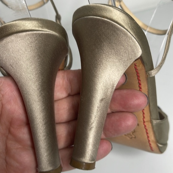 Vtg Valentino Taupe Satin Embellished Crystal Wrap Around Ankle Heel Sandals 36 - Picture 7 of 10